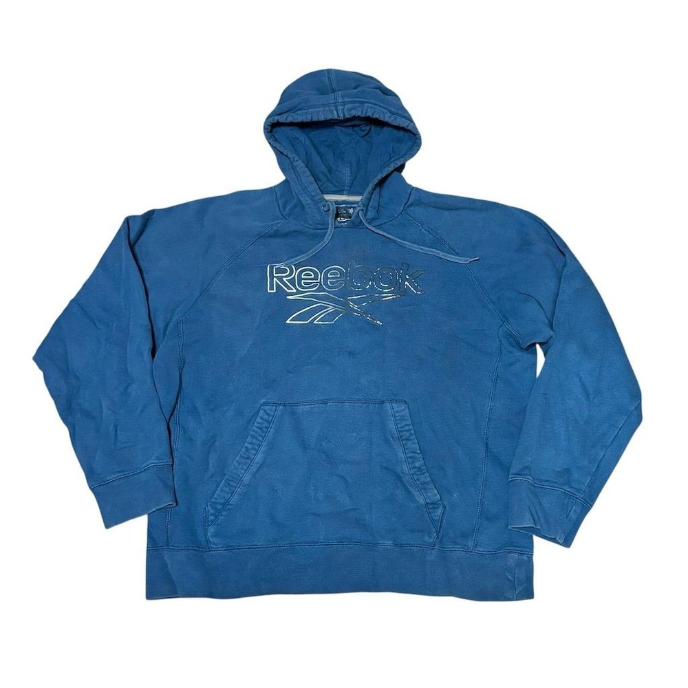 Vintage Reebok Unisex Blue Hoodie Sweatshirt L Embroidered Logo Pullover